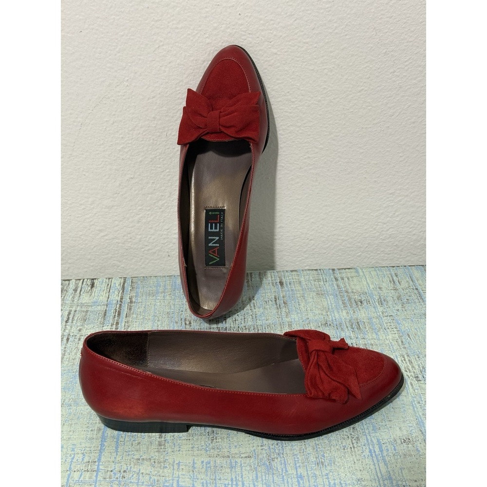 Van Eli Italy Vintage Red Leather Suede Bow Pumps Women's 6.5M - Picture 6 of 12